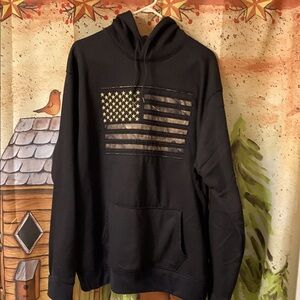 Black Pullover Hoodie with Vintage Flag Design